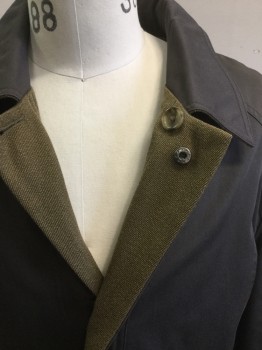 Mens, Coat, Overcoat, PRONTO UOMO, Dk Brown, Olive Green, Wool, Cotton, Solid, 40, M, REVERSABLE, Button/snap Front, Collar Attached, Welt Pocket,