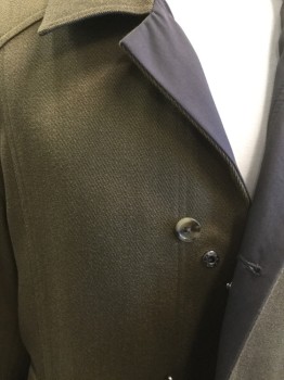 Mens, Coat, Overcoat, PRONTO UOMO, Dk Brown, Olive Green, Wool, Cotton, Solid, 40, M, REVERSABLE, Button/snap Front, Collar Attached, Welt Pocket,