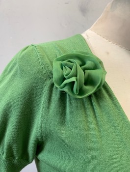 Womens, Cardigan Sweater, ANN TAYLOR LOFT, Lime Green, Rayon, Nylon, Solid, XS, Knit, 1/2 Sleeves, V-Neck with Ruched Shoulders, Organza Rosette at Right Shoulder, Covered Buttons