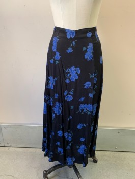 Womens, Skirt, Below Knee, REFORMATION, Black, Blue, Rayon, Floral, W:27, Crepe, Mid Calf Length, A-Line, Invisible Zipper in Back