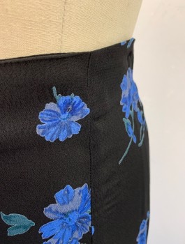 Womens, Skirt, Below Knee, REFORMATION, Black, Blue, Rayon, Floral, W:27, Crepe, Mid Calf Length, A-Line, Invisible Zipper in Back