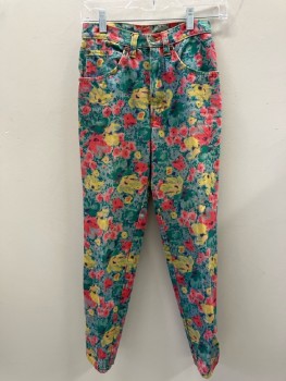 Womens, Pants, BENETTON, W:25, Blue Denim with Yellow/red/green Printed Floral, High Waisted, F.F, Zip Front, 5 Pckts, Belt Loops, Tapered