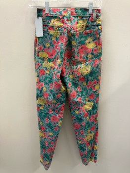 BENETTON, Blue Denim with Yellow/red/green Printed Floral, High Waisted, F.F, Zip Front, 5 Pckts, Belt Loops, Tapered