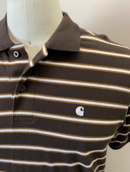 CARHARDT, Dk Brown, White, Caramel Brown, Cotton, Stripes, S/S, 2 Buttons, Small Silver Logo, Rib Knit Collar And Cuffs