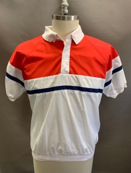 WELLS & MORRIS, Red, White, Blue, Poly/Cotton, Color Blocking, Stripes, S/S, 2 Buttons, Rib Knit Collar, Cuffs And Waistband, Multiples **Red/Pink Stains On Back Waistband,