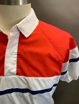WELLS & MORRIS, Red, White, Blue, Poly/Cotton, Color Blocking, Stripes, S/S, 2 Buttons, Rib Knit Collar, Cuffs And Waistband, Multiples **Red/Pink Stains On Back Waistband,