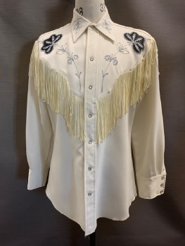Mens, Western Shirt, H BAR C, Cream, Charcoal Gray, Polyester, Floral, Solid, 16/34, C.A., Snap Front, L/S, Fringe At Chest, Sleeves, And Back Yoke, Charcoal Gray And Light Gray Floral Appliques, White Rhinestones