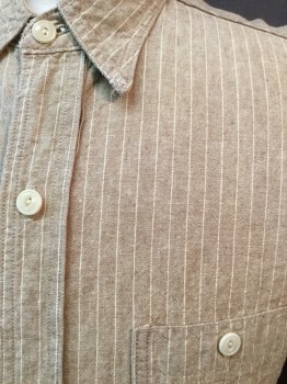 Mens, Shirt, SPORTSMAN, Lt Brown, Cream, Linen, Cotton, Heathered, Stripes - Vertical , 17.5, XL, /36, Collar Attached, Button Front, 2 Pockets, Long Sleeves, Multiples,