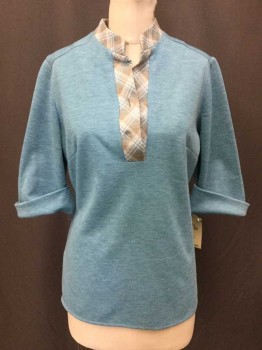 Jennifer Gee, Turquoise Blue, Beige, Off White, Polyester, Wool, Heathered, Plaid, Heather Turquoise, Plaid Trim, Short Sleeve,  Double Knit, Back Zipper, Bust Darts, Cuffed Sleeve, Stand Collar, 2 Button Holes On Placket, No Buttons