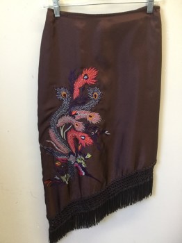 HENNA, Brown, Polyester, Cotton, Pink, Orange, Purple, Silver, Red Lime, Large Flying Bird & Floral Embroidery  with Brown Lining, Diagonal Hem with Dark Brown Diamond Weaved & Fringe Hem, Very Thin Waist Band, Side Zip