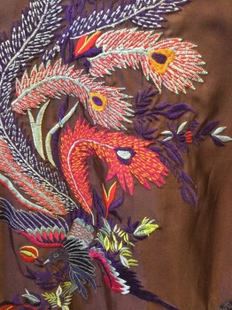 HENNA, Brown, Polyester, Cotton, Pink, Orange, Purple, Silver, Red Lime, Large Flying Bird & Floral Embroidery  with Brown Lining, Diagonal Hem with Dark Brown Diamond Weaved & Fringe Hem, Very Thin Waist Band, Side Zip