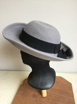 Womens, Hat, LAMBERT HOFER, Gray, Black, Wool, Synthetic, Solid, Gray W/black Ribbon & Self Bow Around Crown,
