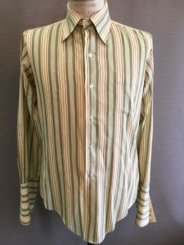 Mens, Dress Shirt, BARDON, Olive Green, Lt Green, Red, Yellow, Polyester, Cotton, Stripes, 33, 15.5 , Button Front, Collar Attached, Long Sleeves, Single Breast Pocket, French Cuffs