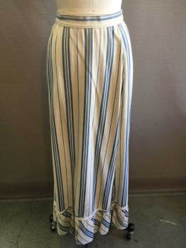 N/L, Off White, Blue, Cotton, Stripes - Vertical , Twill, Self 1.25" Wide Waistband, 2 Tier Self Ruffles At Hem, Gathered At Back Of Waist, Button and Snap Closures At Center Back Waist, Floor Length Hem, **Has Holes, Wear, and Stains At Hem/Ruffles,