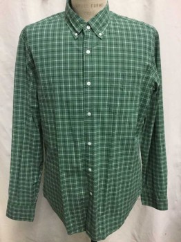 J CREW, Green, White, Black, Cotton, Spandex, Grid , Green with White and Black Grid Stripes, Long Sleeve Button Front, Collar Attached, Button Down Collar, 1 Pocket