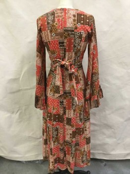 N/L, Brown, Paprika Red, White, Lt Brown, Polyester, Geometric, Floral, V-neck, Ruffle Flared Long Sleeves,  Back Zipper, Empire Waistband Insert Ties in Back, Long Maxi