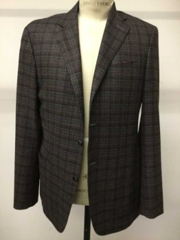 Mens, Sportcoat/Blazer, Canali, Red Burgundy, Gray, Black, Cashmere, Plaid, 42 L, 2 Buttons,  Single Breasted, Notched Lapel, Patch Pocket,