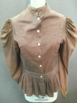 N/L, Brown, Cotton, Solid, Floral, Very Faded Floral Pattern (Hard To Make Out), Long Sleeve Button Front, Stand Collar, Puffy Sleeves Gathered At Shoulder, 2" Wide Waistband, Gathered Peplum Waist, 1" Wide Pleats In V Shape From Waistband To Shoulder On Both Front and Back, Made To Order, **Faded and Dirty/Dusty Throughout,