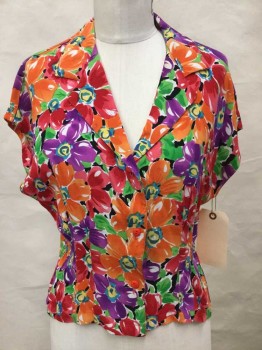 Womens, Blouse, PARIS BLUE, Red, Orange, Purple, Green, Blue, Rayon, Floral, S, Collar Attached,  Button Front, Short Sleeve,  W/short Self Tie Back