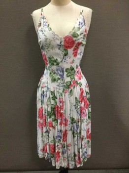 N/L, White, Pink, Violet Purple, Sage Green, Rayon, Floral, Spaghetti Straps, Scalloped Neckline, Buttons At Front, V Shape Waistline, Self Belt Ties Attached At Sides Of Waist, Pleated Drop Waist, Knee Length, Sundress