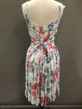 N/L, White, Pink, Violet Purple, Sage Green, Rayon, Floral, Spaghetti Straps, Scalloped Neckline, Buttons At Front, V Shape Waistline, Self Belt Ties Attached At Sides Of Waist, Pleated Drop Waist, Knee Length, Sundress