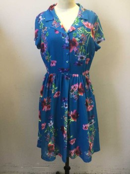 Womens, Dress, Short Sleeve, MODCLOTH, Blue, Pink, Green, Purple, Lime Green, Polyester, Floral, M, Blue Background with Floral Print, Button Front Top, Collar Attached, Short Sleeves, Gathered Skirt, Side Zip, Solid Blue Slip
