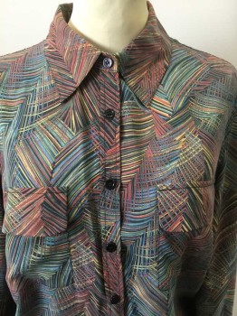 C.LECTIVE, Black, Brown, Rust Orange, Yellow, Teal Blue, Silk, Abstract , Palm Leaves, Collar Attached, Black Button Front, 2 Pockets W/flap, Long Sleeves,