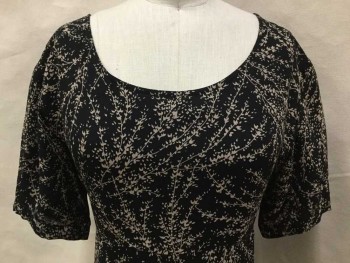 Womens, Dress, Short Sleeve, DKNY, Black, Tan Brown, Silk, Floral, 4, Sheer Black W/tan Tiny Branches and Leaves, Round Neck,  Short Sleeves, 3/4 Length, W/self Attached Waist Belt