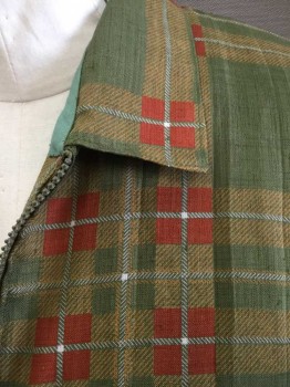 Womens, Jacket, N/L, Olive Green, Yellow, Tomato Red, White, Linen, Spandex, Plaid-  Windowpane, W32-35, B:<48, Olive with Yellow, Tomato, White Wide Windowpane Plaid, Zip Front, Collar Attached, 3/4 Sleeves, Black Elastic at Waist and Cuffs, Possibly Made To Order,