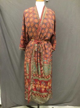 Womens, SPA Robe, KARMA HIGHWAY, Red Burgundy, Teal Blue, Goldenrod Yellow, Beige, Rust Orange, Viscose, Geometric, Floral, OS, Fully Lined Slinky Robe, 2 Pockets, No Collar, Matching Belt Tie