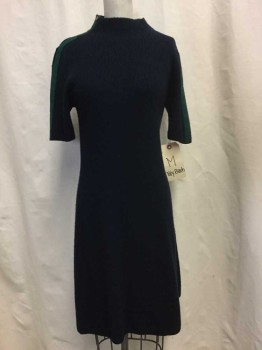 Womens, Dress, Short Sleeve, TORY BURCH, Navy Blue, Forest Green, Wool, Cotton, Solid, M, Ribbed Knit, Forrest Green Shoulder Trim with Buttons, Funnel Neck, Knee Length