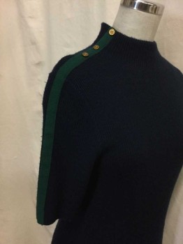 Womens, Dress, Short Sleeve, TORY BURCH, Navy Blue, Forest Green, Wool, Cotton, Solid, M, Ribbed Knit, Forrest Green Shoulder Trim with Buttons, Funnel Neck, Knee Length