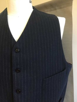 MTO, Navy Blue, White, Maroon Red, Wool, Acetate, Stripes, Upper Class Vest V Neck, 5 Button Single Breasted, 4 Welt Pockets Pin Stripe Wool with Maroon Acetate Lining, Doubles, 1