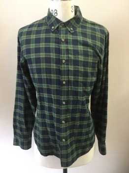 AG, Navy Blue, Green, Gray, Cotton, Plaid, Flannel, Long Sleeve Button Front, Collar Attached, Button Down Collar, 1 Pocket