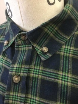 AG, Navy Blue, Green, Gray, Cotton, Plaid, Flannel, Long Sleeve Button Front, Collar Attached, Button Down Collar, 1 Pocket