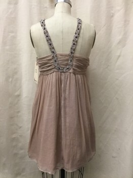 FOREVER 21, Taupe, Nylon, Polyester, Solid, Sheer Empire Waist, Gather Skirt, Mini, Lined, Straps Make Peep Hole at Bust, Beads and Rhinestones, Side Zip