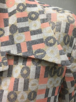 Womens, 1970s Vintage, Suit, Jacket, KAY WINDSOR, Multi-color, Peachy Pink, Beige, Gray, White, Polyester, Geometric, W:28, B:36, Multicolor Rectangles and Squares with Circles Inside Pattern, Single Breasted Jacket with 5 Silver Embossed Buttons, Wide Collar Attached, 2 Large Patch Pockets, **Comes with Self Sash BELT