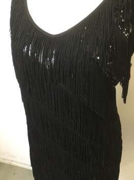 N/L, Black, Synthetic, Sequins, Stripes - Diagonal , Diagonal Tassle Flapper Dress Trim with Sequin Diagonal Panels, V. Neck , Sleeveless