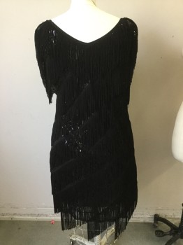 N/L, Black, Synthetic, Sequins, Stripes - Diagonal , Diagonal Tassle Flapper Dress Trim with Sequin Diagonal Panels, V. Neck , Sleeveless