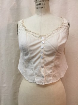 NO LABEL, Cream, Cotton, Solid, Button Front, Cropped, Lace Detail, Ruffle Trim, Round Neck,