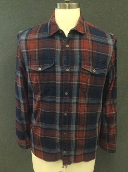 BUFFALO, Navy Blue, Dk Red, White, Cotton, Plaid, Flannel, Button Front, Collar Attached, Long Sleeves, 2 Flap Pockets, Doubles