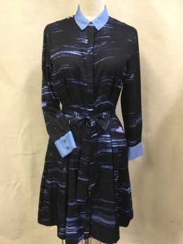 BANANA REPUBLIC, Black, French Blue, Lavender Purple, White, Polyester, Abstract , Stripes - Horizontal , (2 Pc) Black with French Blue, Lavender & White Broken/uneven Horizontal Stripes, French Blue Collar Attached & Long Sleeves Cuffs , Hidden Button Front, 2 Pleat Skirt Front & Back, 2 Side Pockets with Self Matching BELT