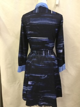 BANANA REPUBLIC, Black, French Blue, Lavender Purple, White, Polyester, Abstract , Stripes - Horizontal , (2 Pc) Black with French Blue, Lavender & White Broken/uneven Horizontal Stripes, French Blue Collar Attached & Long Sleeves Cuffs , Hidden Button Front, 2 Pleat Skirt Front & Back, 2 Side Pockets with Self Matching BELT