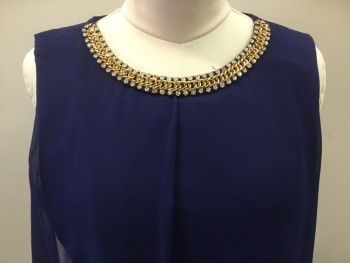 Womens, Dress, Sleeveless, PRELUDE, Dk Purple, Polyester, Solid, B40, 12, Chiffon Overlay, Gold Chain and Rhinestones at Neck
