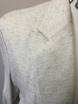 Mens, Jacket, MTO, Ivory White, Lt Gray, Cotton, Silk, Diamonds, C42, Made To Order, Double Breasted, 2 Buttons at Waist, Notched Lapel, Box Pleat Center Back, Flock of Seagulls, Triple,