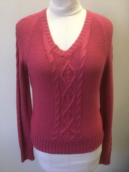 Womens, Pullover, CALVIN KLEIN JEANS, Pink, Solid, Cable Knit, M, Long Sleeves, V-neck