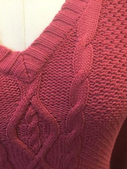 Womens, Pullover, CALVIN KLEIN JEANS, Pink, Solid, Cable Knit, M, Long Sleeves, V-neck