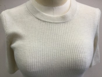 Womens, Pullover, MADEWELL, Ivory White, Wool, Solid, B34, XXS, Short Sleeves, Crew Neck, Rib Knit,