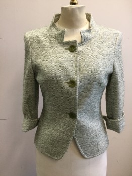 Womens, Suit, Jacket, MAX MARA, Olive Green, White, Dk Olive Grn, Wool, Basket Weave, W 28, B 32, Single Breasted, Collar Attached, 3/4 Sleeve with Rolled Up Cuff