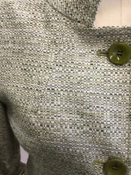 MAX MARA, Olive Green, White, Dk Olive Grn, Wool, Basket Weave, Single Breasted, Collar Attached, 3/4 Sleeve with Rolled Up Cuff